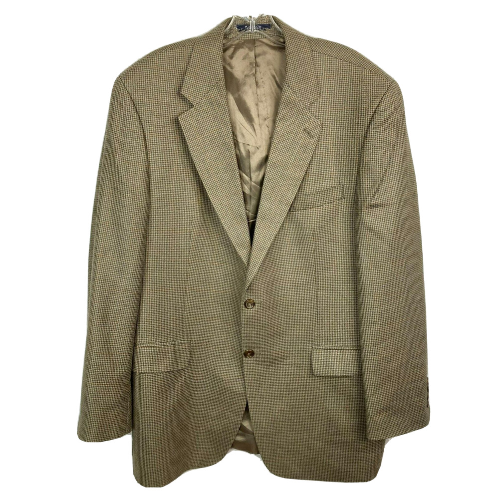 Ralph Lauren Polo University Blazer Mens Sz 44L Beige Plaid Silk Wool Sportscoat